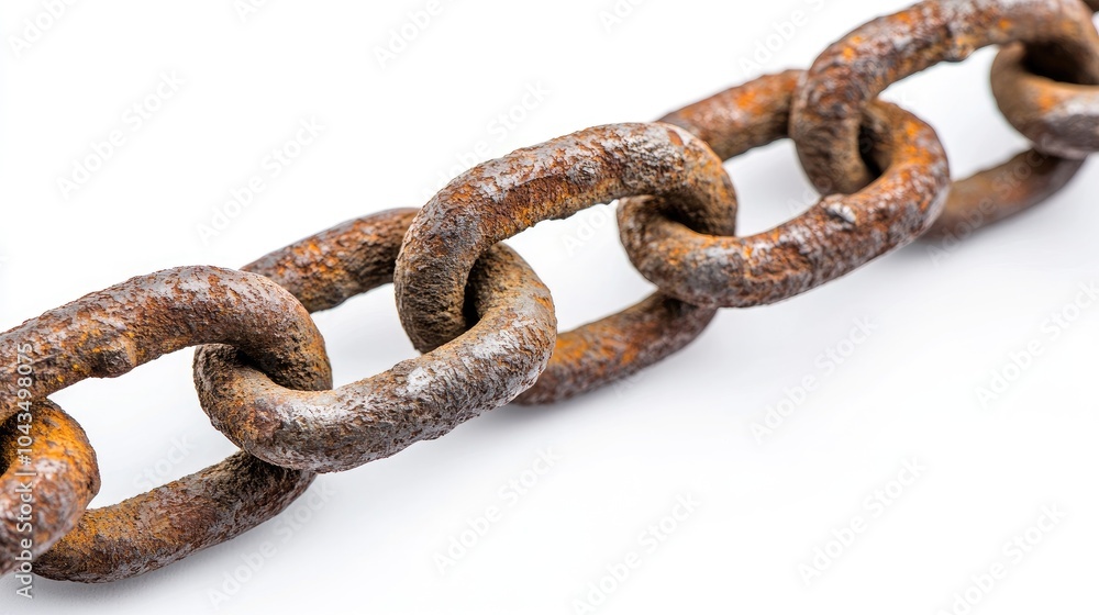 Obraz premium Rusty chain links on a bright white background, with each link detailed in its rough texture and aged appearance.