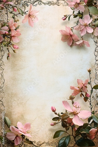 Delicate floral border design featuring soft pink blossoms on a vintage textured background perfect for invitations and stationery