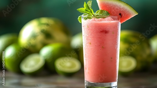 Wallpaper Mural A chilled watermelon smoothie in a tall glass, topped with a watermelon slice and mint sprig, set against a backdrop of whole watermelons and halved limes, soft natural lighting, Torontodigital.ca