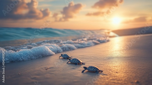 Small turtles making their way to the ocean, the waves softly touching the shore as they leave a trail behind.