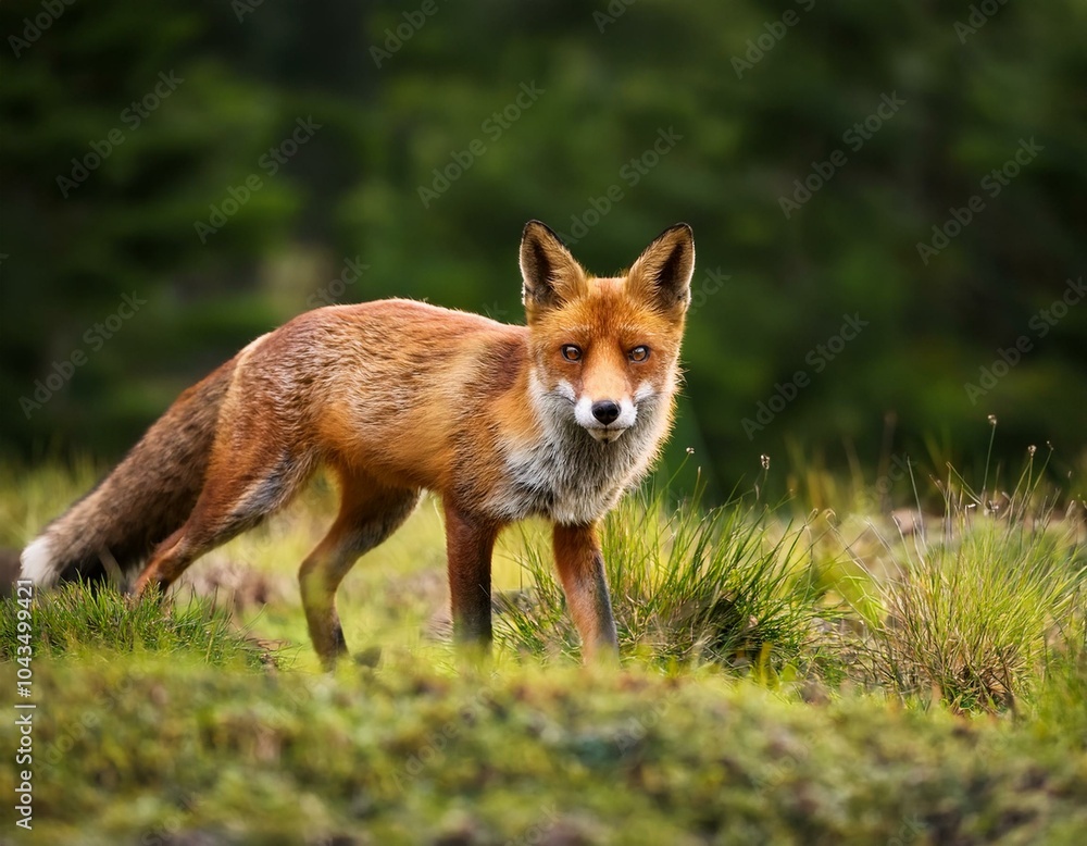 Fototapeta premium Beautiful Male Red Fox Standing in A Natural Background During Sunset in A National Park