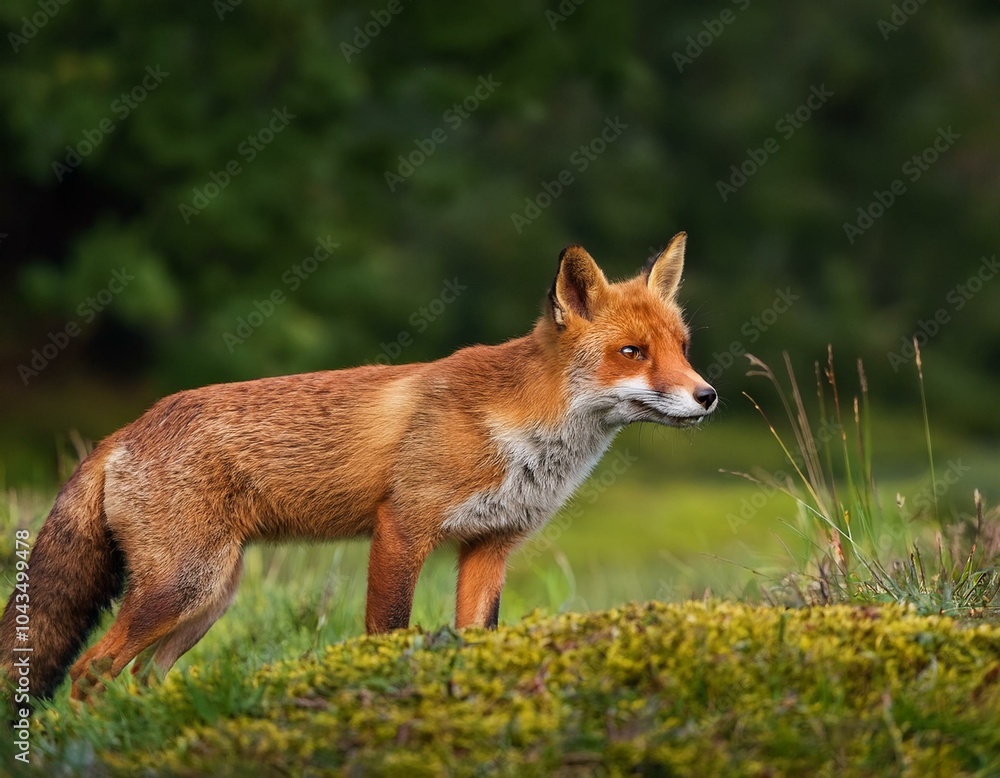 Fototapeta premium Beautiful Male Red Fox Standing in A Natural Background During Sunset in A National Park