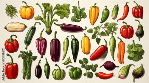 Wallpaper Mural A collection of vegetables and herbs, including peppers, carrots, and broccoli Torontodigital.ca