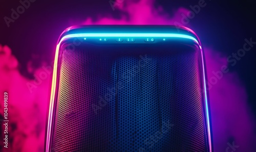 Speaker with neon lights, pink and blue. photo