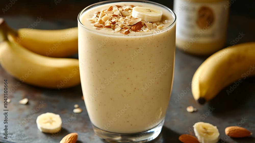 A creamy banana and almond smoothie in a clear glass, garnished with crushed almonds and banana slices, surrounded by whole bananas and a bottle of almond milk, bright natural lighting, A creamy banana and almond smoothie in a clear glass, garnished with crushed almonds and banana slices, surrounded by whole bananas and a bottle of almond milk, bright natural lighting,