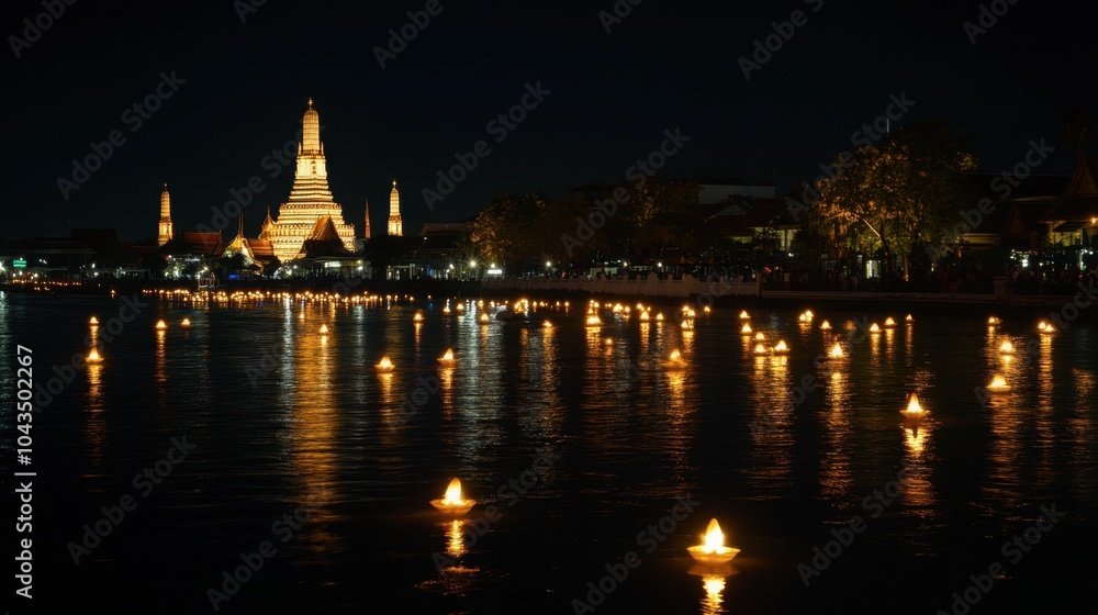 Fototapeta premium Nighttime Festival Lights on Calm Water Surface