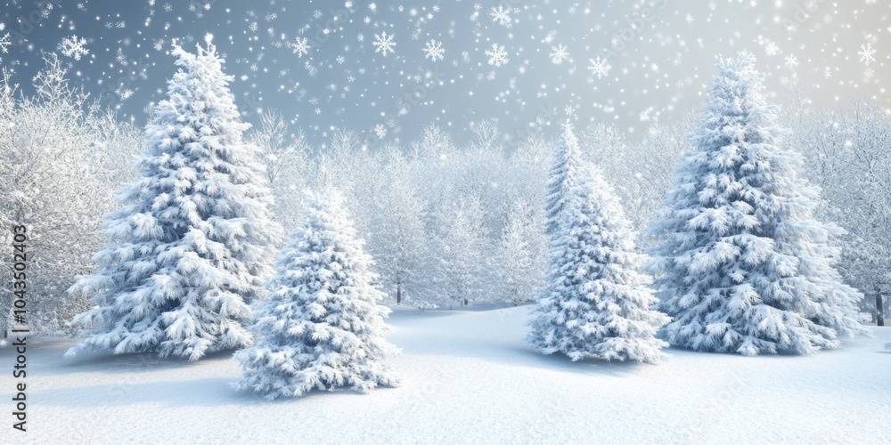 A beautiful 3D depiction of a winter wonderland, featuring snow-covered trees and falling snowflakes, isolated on a bright backdrop A beautiful 3D depiction of a winter wonderland, featuring snow-covered trees and falling snowflakes, isolated on a bright backdrop