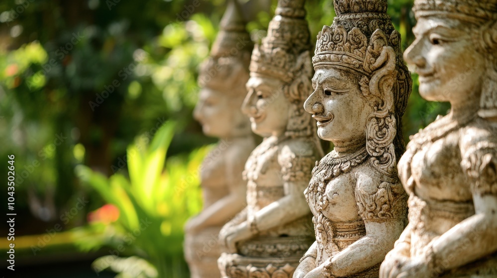 Serene Stone Statues in Lush Garden Setting Serene Stone Statues in Lush Garden Setting