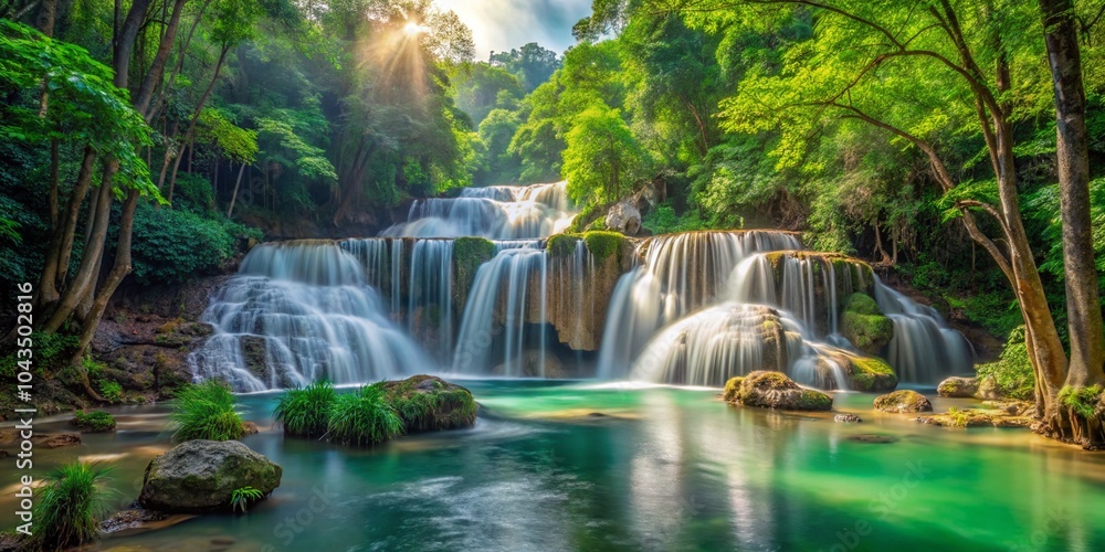 Fototapeta premium Panoramic view of a stunning deep forest waterfall in Thailand, waterfall, forest, Thailand, nature, serene, lush 