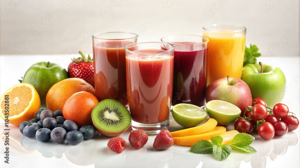 Fresh fruit juice with green apple, orange, and red berries on white plate for healthy beverage concept
Fresh fruit juice with green apple, orange, and red berries on white plate for healthy beverage concept