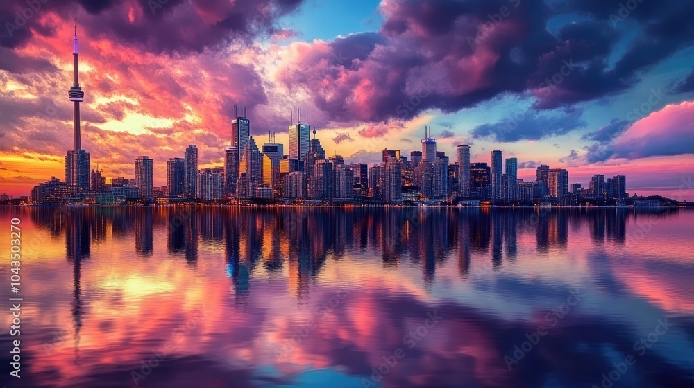 Fototapeta premium Sunset over a bustling city skyline, the vibrant colors mirrored in the water below, creating a perfect urban scene.