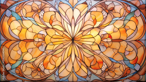Golden Mandala Stained Glass with Symmetrical Floral Patterns
