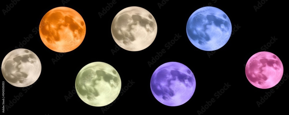 Obraz premium Set of different colors of full moon on black background. Astronomy is mysterious and magical. Shades of the moon.