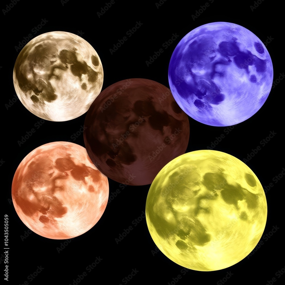 Obraz premium Set of different colors of full moon on black background. Astronomy is mysterious and magical. Shades of the moon.