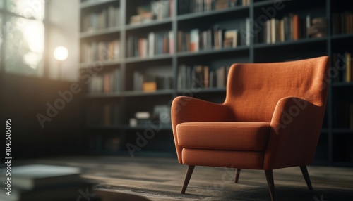Stylish orange armchair in a cozy library with shelves of books and sunlight filtering through the window.