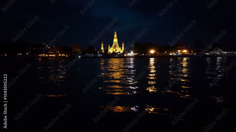 Fototapeta premium Night View of Temple Reflected on Water Surface