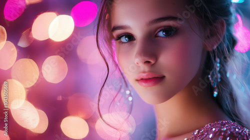 close up portrait of young woman with sparkling earrings, showcasing her delicate features against vibrant, colorful bokeh background. image captures sense of elegance and charm