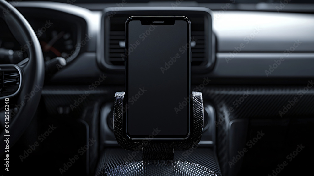 Obraz premium Nighttime Driving Scene Featuring Mounted Smartphone with Blank Screen in Vehicle