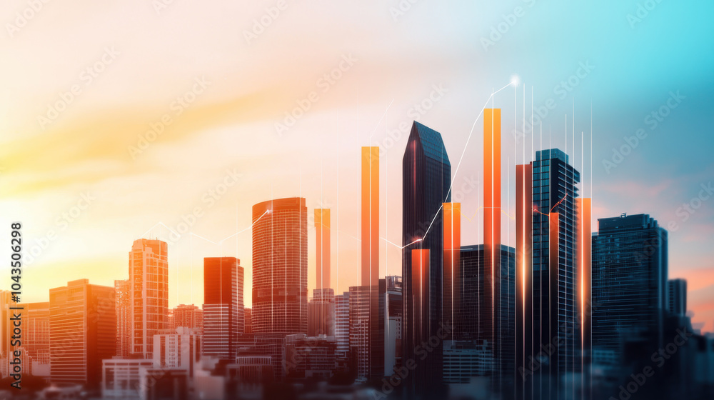 vibrant city skyline with upward trending graphs symbolizes growth and prosperity. warm sunset casts beautiful glow over modern buildings, creating inspiring atmosphere vibrant city skyline with upward trending graphs symbolizes growth and prosperity. warm sunset casts beautiful glow over modern buildings, creating inspiring atmosphere