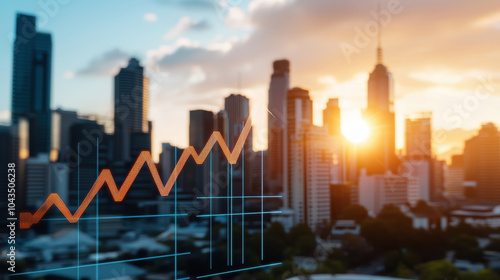 vibrant city skyline with upward trending graphs symbolizes growth and prosperity. sunset casts warm glow over buildings, enhancing dynamic atmosphere of urban development