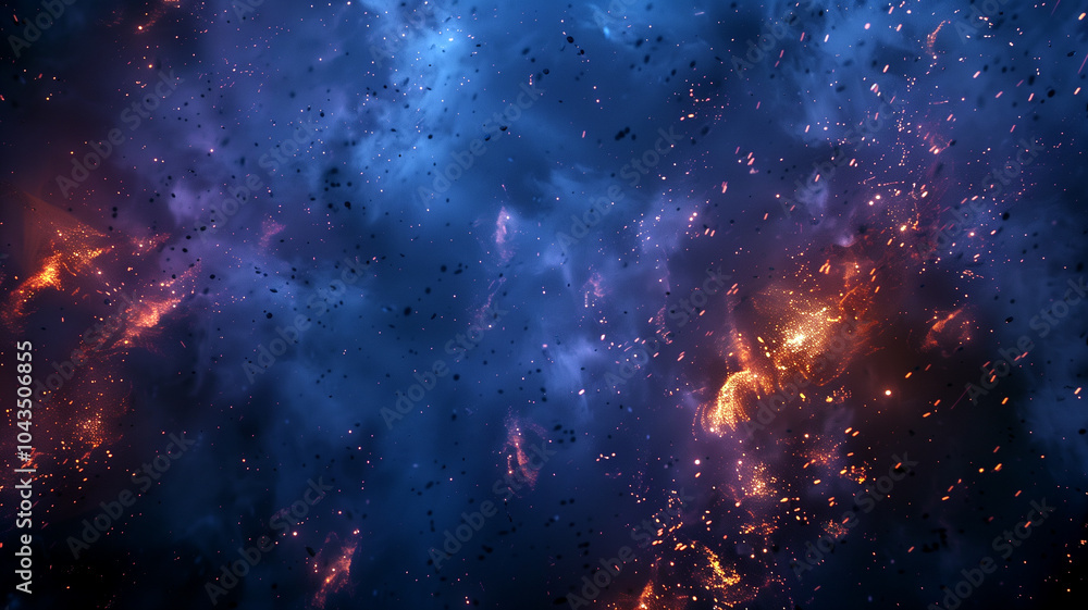 Intense cosmic nebula with deep blue and fiery orange highlights showing the beauty and mystery of the universe Intense cosmic nebula with deep blue and fiery orange highlights showing the beauty and mystery of the universe