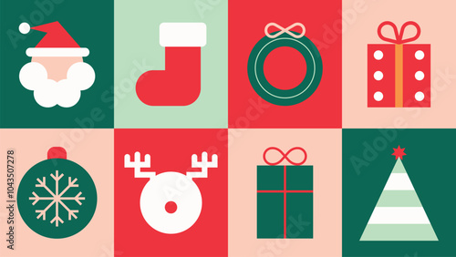Flat vector style Christmas icons in red, green, and white. Festive vector style includes Santa, gifts, and ornaments. Cute holiday and Christmas icons, including festive vector elements.