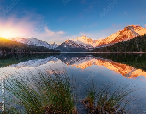 Spirit Island Sunset, Maligne Lake, Jasper National Park, Alberta, Canada in Summer photo