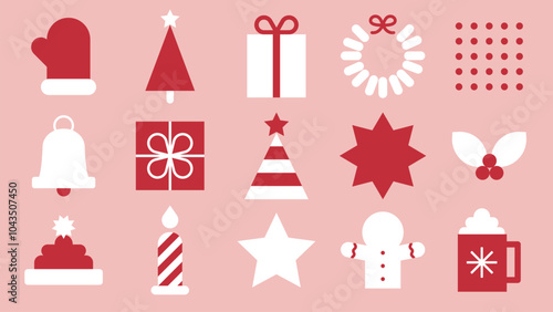 Flat vector style Christmas icons in red and white. Vector style includes gifts, trees, and festive symbols on pink. Cute flat graphic illustration festive holiday and Christmas element set.