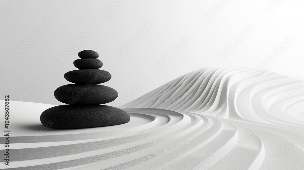 Zen-like arrangement of smooth black stones stacked on white sand with flowing wave patterns, symbolizing balance and harmony Zen-like arrangement of smooth black stones stacked on white sand with flowing wave patterns, symbolizing balance and harmony