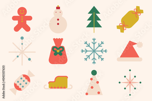 Flat vector style with pastel colors, featuring Christmas-themed icons. Flat vector style includes gingerbread, snowman, and tree. Aesthetic flat graphic illustration festive holiday element set.