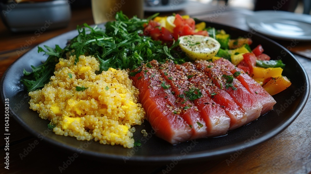 A plate of food with grilled salmon, quinoa, arugula, and vegetables. A plate of food with grilled salmon, quinoa, arugula, and vegetables.