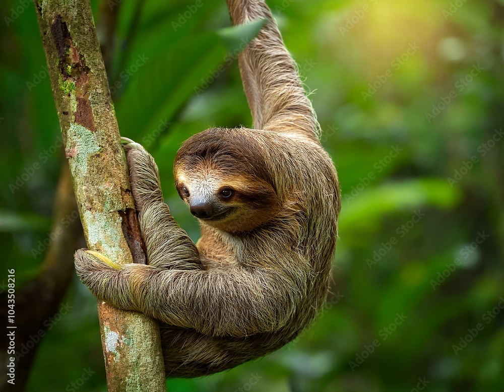 Fototapeta premium Three Toed Sloth in tree in Costa Rica Rainforest