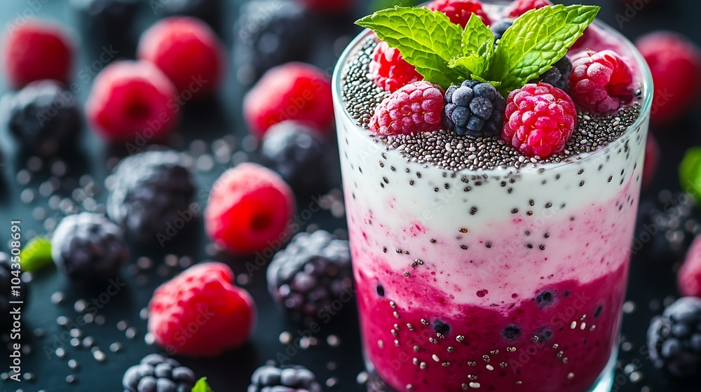 A layered chia seed and yogurt smoothie, topped with chia seeds and mint leaves, set against a background of assorted fresh berries, natural lighting, vibrant and wholesome look. --ar 16:9 A layered chia seed and yogurt smoothie, topped with chia seeds and mint leaves, set against a background of assorted fresh berries, natural lighting, vibrant and wholesome look. --ar 16:9