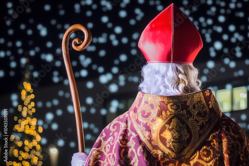 Vue arrière de Saint Nicolas avec crosse dorée dans une ambiance festive photo