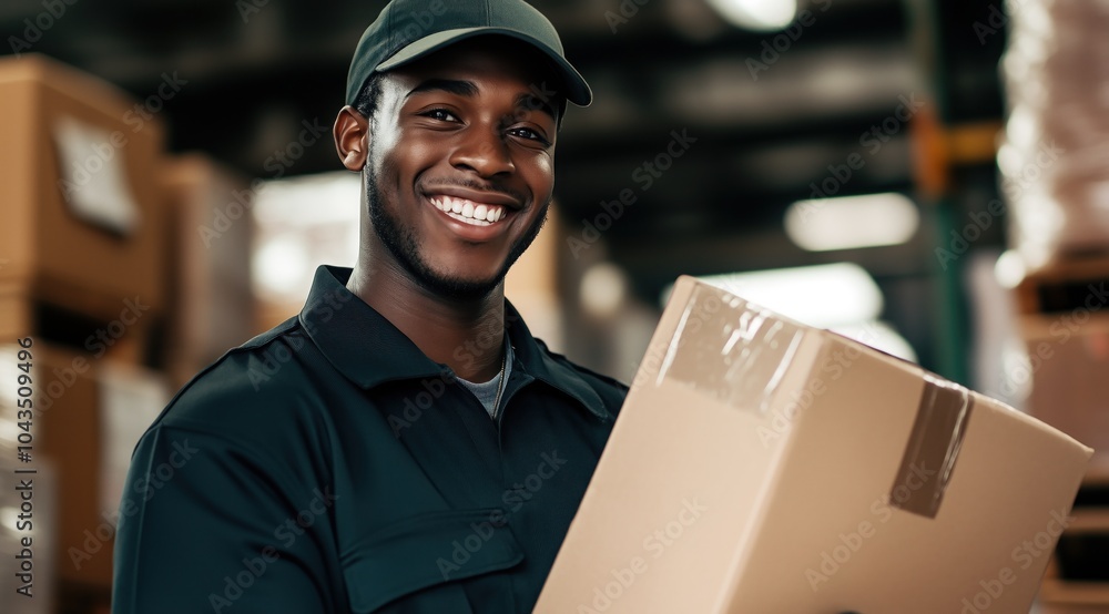 Portrait d'un livreur souriant et heureux, afro-américain, portant un uniforme et tenant un colis en carton dans l'entrepôt d'une entreprise de livraison. Portrait d'un livreur souriant et heureux, afro-américain, portant un uniforme et tenant un colis en carton dans l'entrepôt d'une entreprise de livraison.