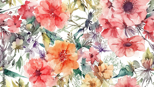 Cattered watercolor flowers in pastel colors.