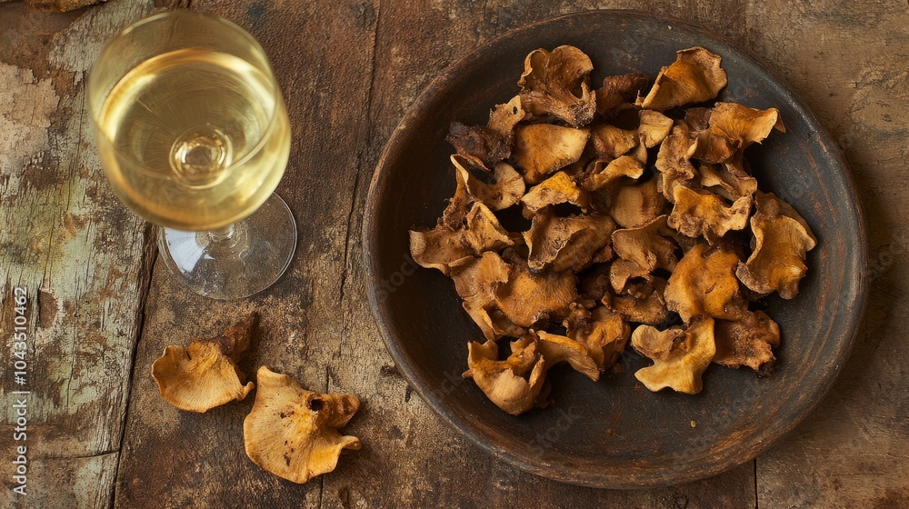 Fototapeta premium Plate of roasted Cantharellus cibarius with a glass of white wine.