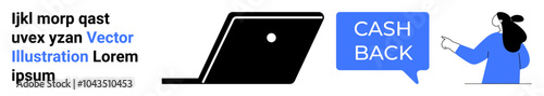 Woman pointing to a speech bubble stating cash back next to a laptop. Ideal for e-commerce, online shopping, incentives, customer rewards, financial offers. Banner for landing page