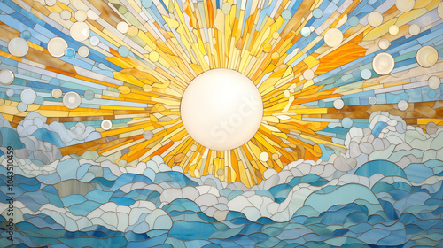 Sunrise Stained Glass with Rays and Clouds