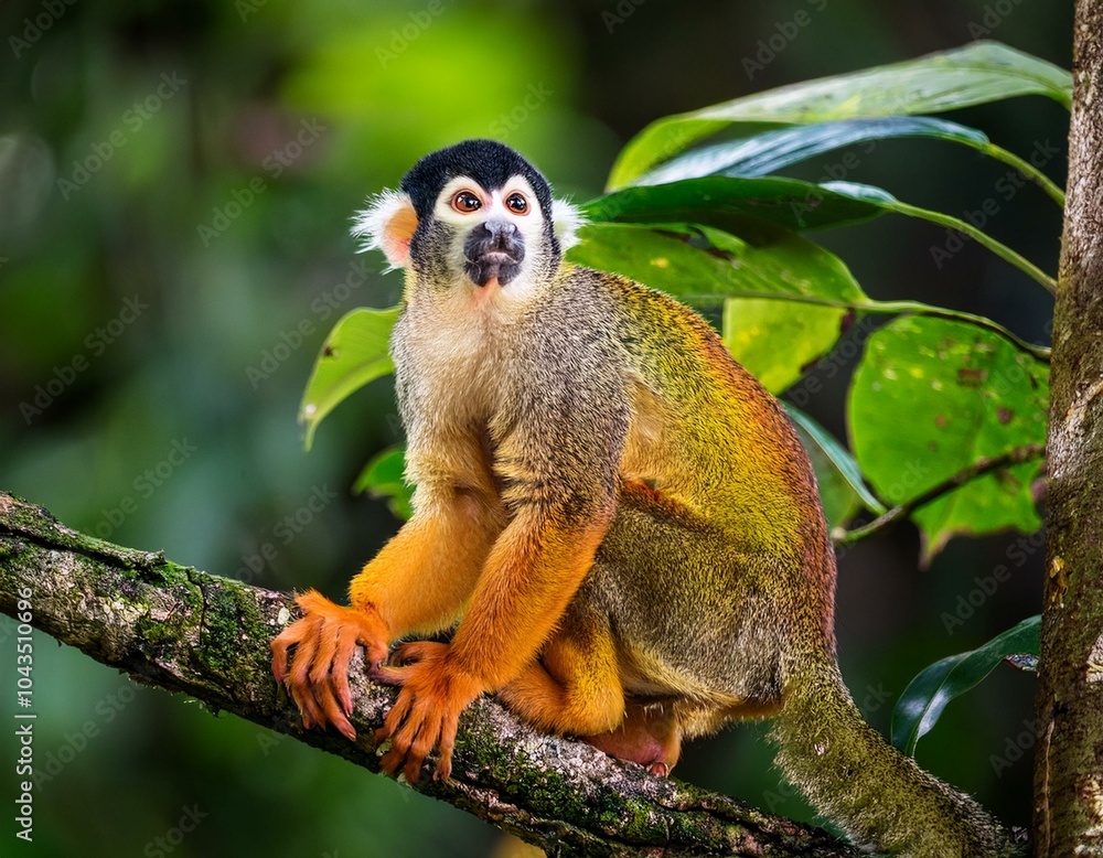 Obraz premium Squirrel monkey, Saimiri oerstedii, sitting on the tree trunk with green leaves, Corcovado NP, Costa Rica. Monkey in the tropic forest vegetation. Wildlife scene from nature. Beautiful cute animal.