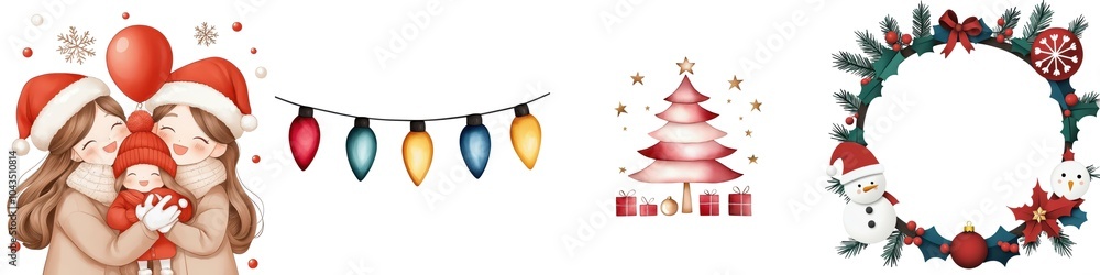 A festive collection of holiday illustrations including a family, Christmas tree, lights, and wreath. A festive collection of holiday illustrations including a family, Christmas tree, lights, and wreath.