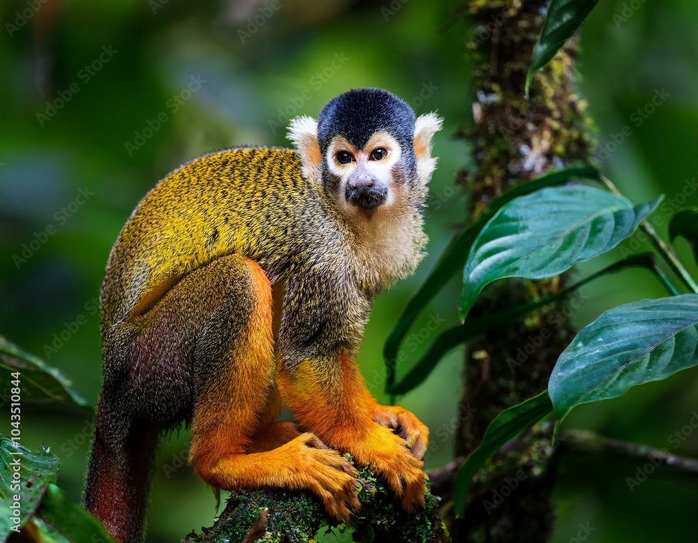 Obraz premium Squirrel monkey, Saimiri oerstedii, sitting on the tree trunk with green leaves, Corcovado NP, Costa Rica. Monkey in the tropic forest vegetation. Wildlife scene from nature. Beautiful cute animal.