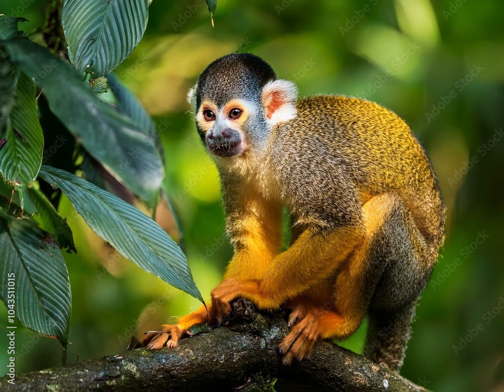 Fototapeta premium Squirrel monkey, Saimiri oerstedii, sitting on the tree trunk with green leaves, Corcovado NP, Costa Rica. Monkey in the tropic forest vegetation. Wildlife scene from nature. Beautiful cute animal.
