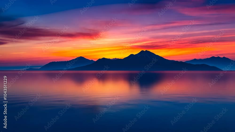Serene mountain landscape at sunset over calm lake, vibrant colors. Nature tranquility and peacefulness concept Serene mountain landscape at sunset over calm lake, vibrant colors. Nature tranquility and peacefulness concept