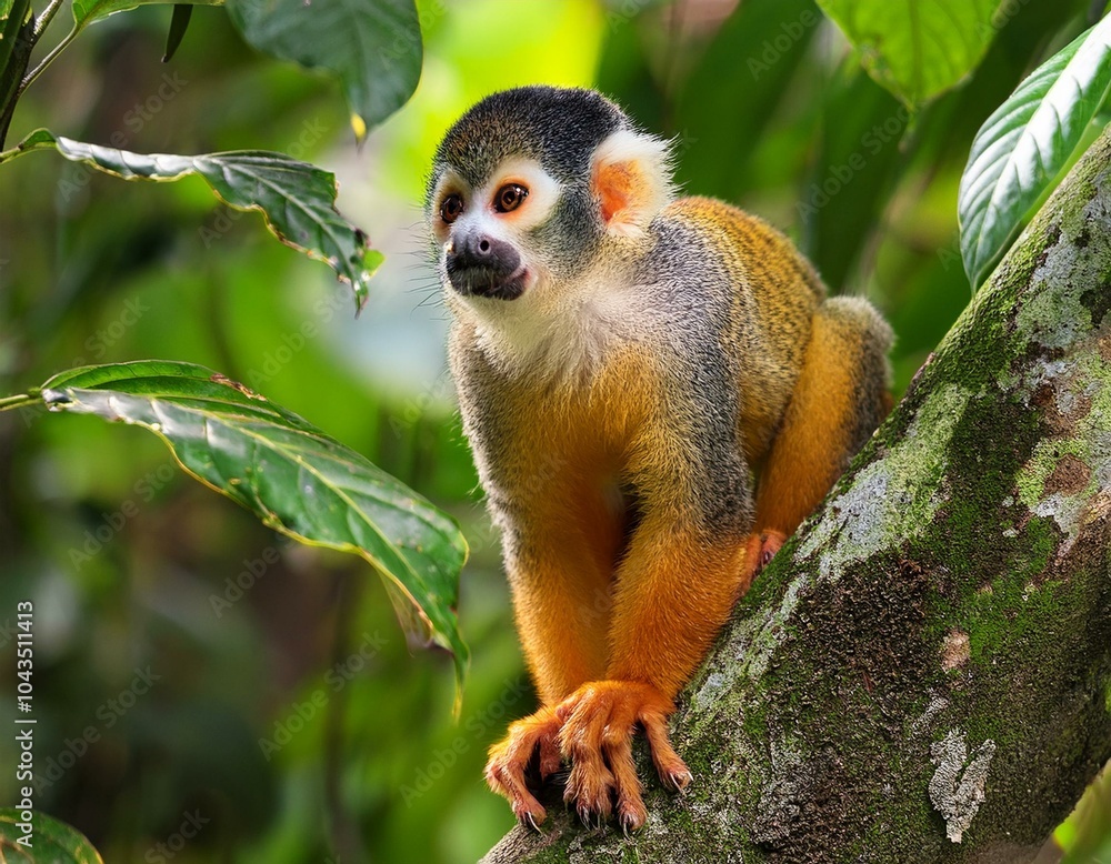 Fototapeta premium Squirrel monkey, Saimiri oerstedii, sitting on the tree trunk with green leaves, Corcovado NP, Costa Rica. Monkey in the tropic forest vegetation. Wildlife scene from nature. Beautiful cute animal.