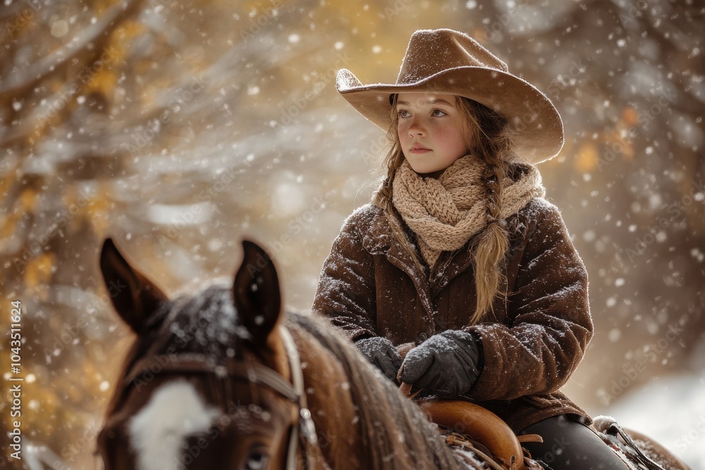 Fototapeta premium Young girl in cowboy attire rides horse through snowy forest