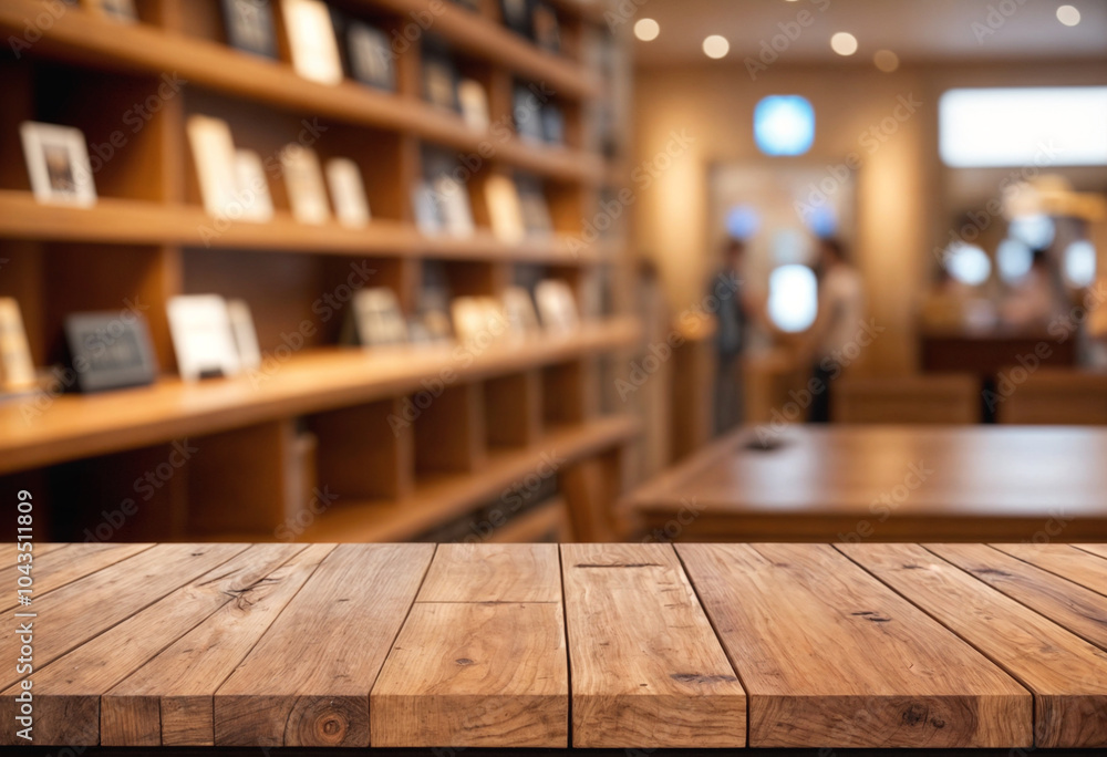 Empty wooden table platform blur smart phone shop background