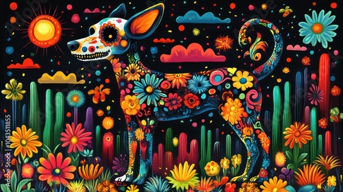 Art for the Mexican day of the dead. Dog guide of souls on black background