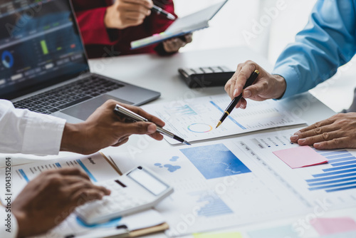 Meeting of business executive, consultant discussing analysis of the company financial situation and business planning with partner collaboration, consultation of strategy. Analyzing statistical data.