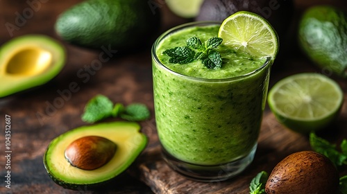 A rich avocado smoothie, topped with a lime slice and mint, set against a rustic wooden background with fresh avocados and lime wedges, soft natural lighting, healthy and refreshing vibe. --ar 16:9